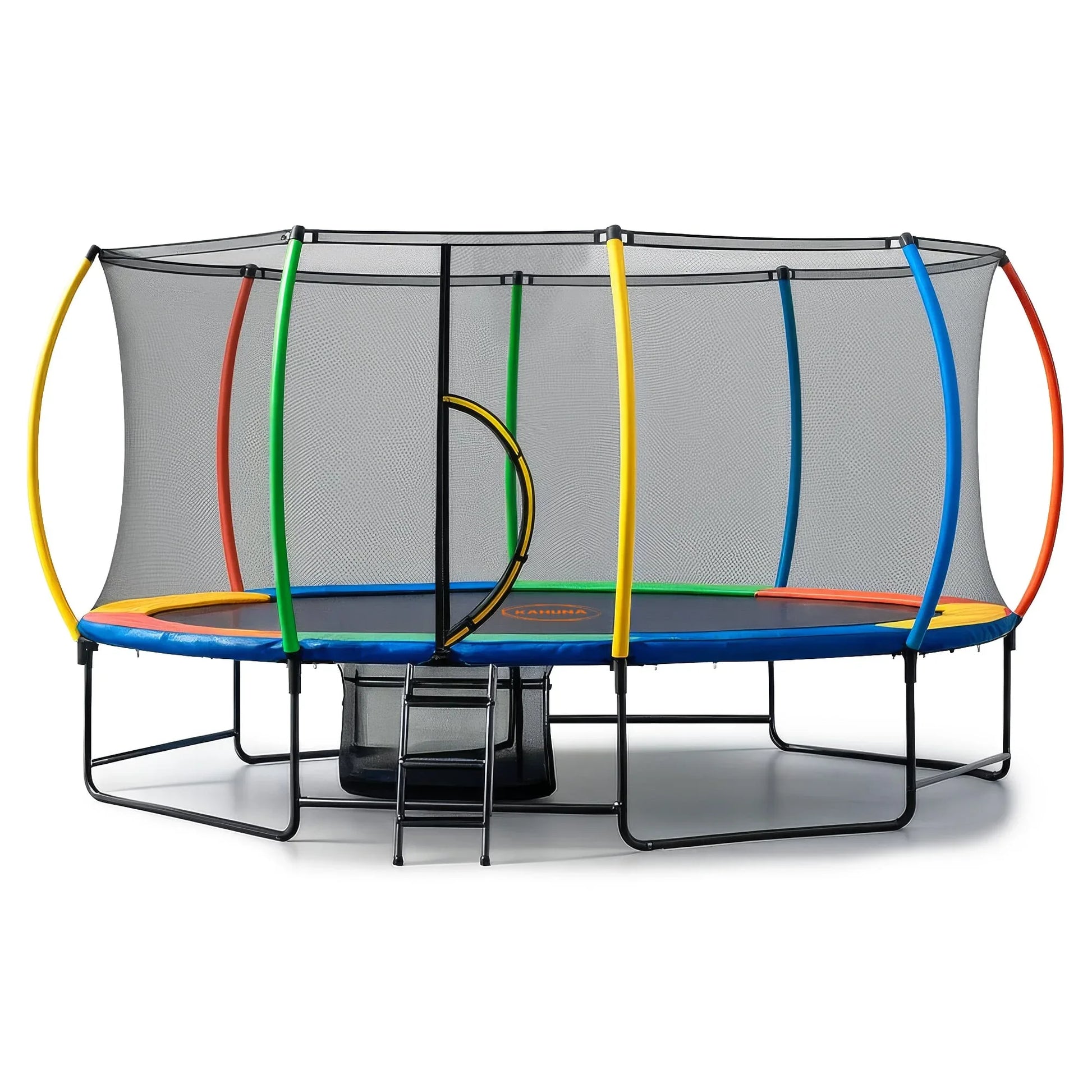 Kahuna 10 ft x 15 ft Oval Outdoor Trampoline with Reversible Rainbow & Orange Safety Pad Safety Net and Ladder - Mekamart Australia