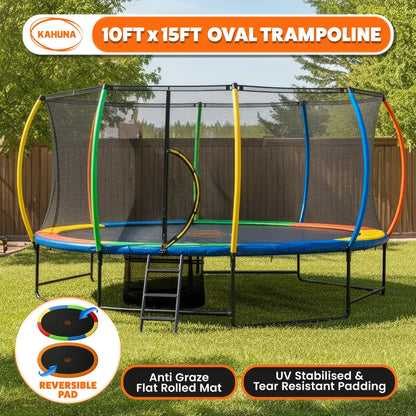 Kahuna 10 ft x 15 ft Oval Outdoor Trampoline with Reversible Rainbow & Orange Safety Pad Safety Net and Ladder - Mekamart Australia