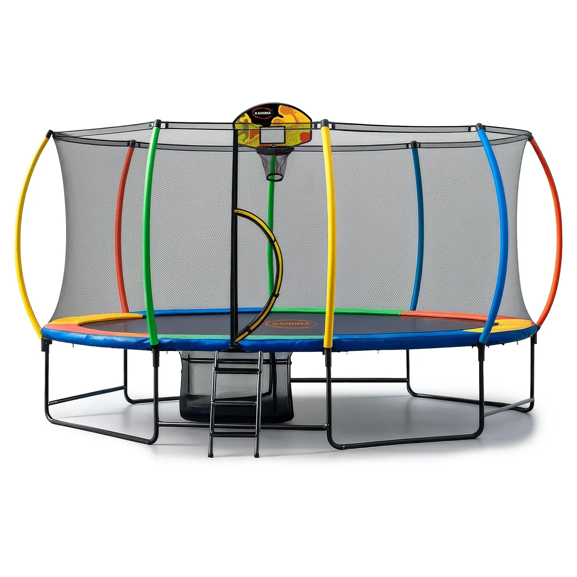 Kahuna 10 ft x 15 ft Oval Outdoor Trampoline w/ Basketball Set Reversible Rainbow & Orange Safety Pad Safety Net Ladder - Mekamart Australia