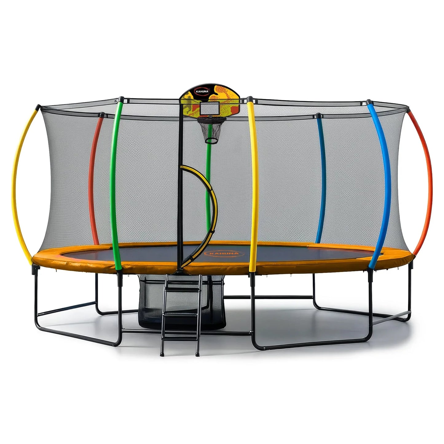 Kahuna 10 ft x 15 ft Oval Outdoor Trampoline w/ Basketball Set Reversible Rainbow & Orange Safety Pad Safety Net Ladder - Mekamart Australia