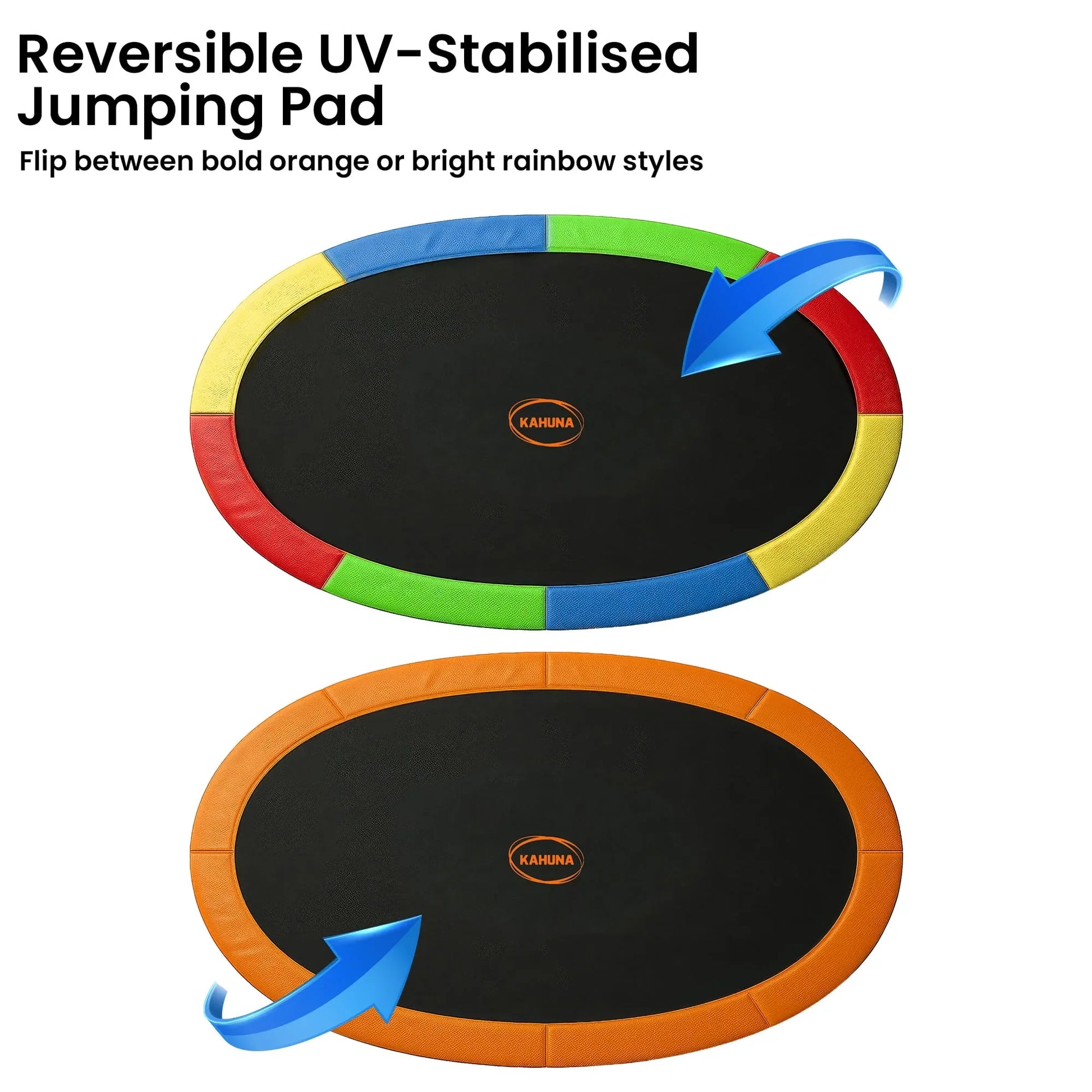 Kahuna 10 ft x 15 ft Oval Outdoor Trampoline w/ Basketball Set Reversible Rainbow & Orange Safety Pad Safety Net Ladder - Mekamart Australia