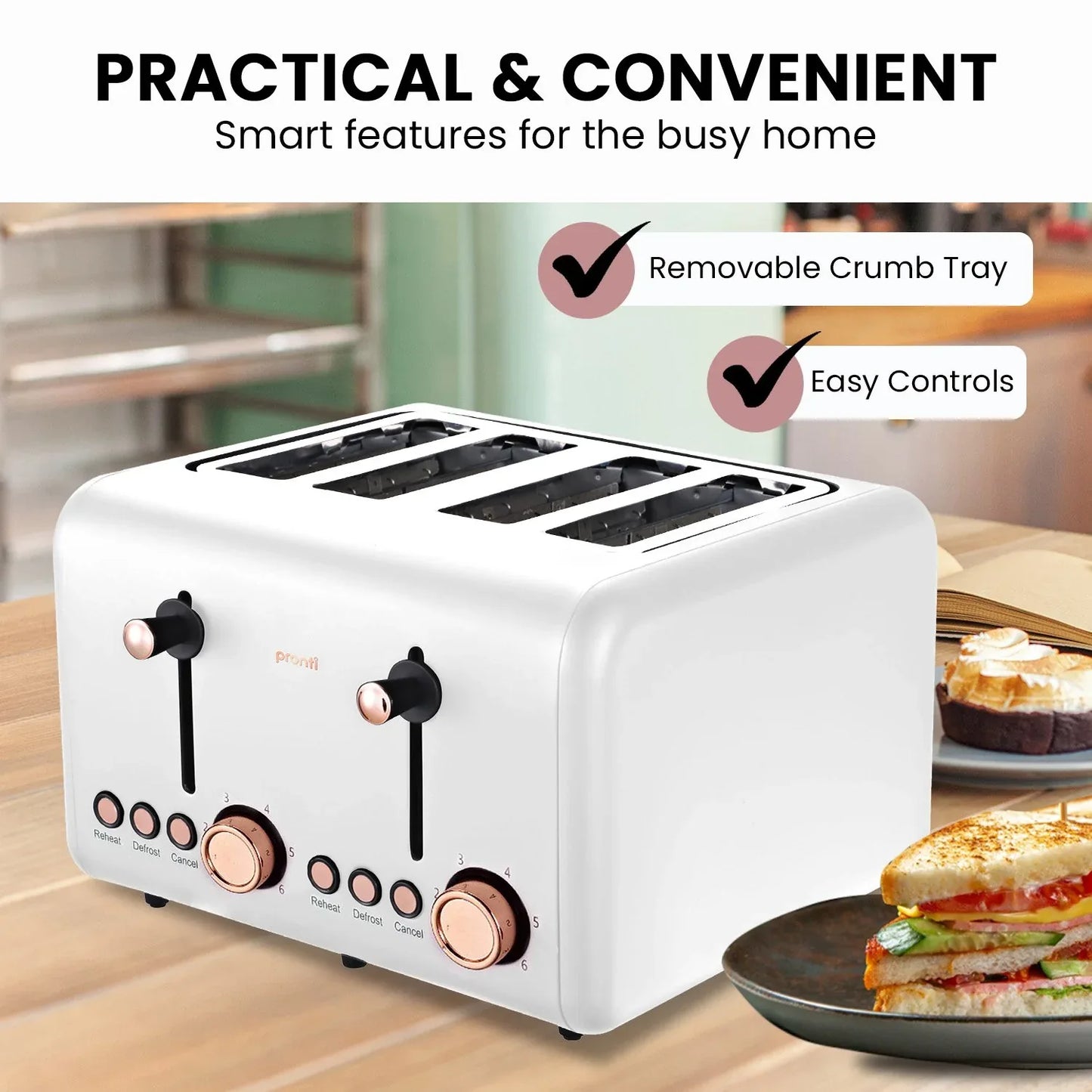 Pronti 4 Slice Toaster Rose Trim Collection - White - Mekamart Australia