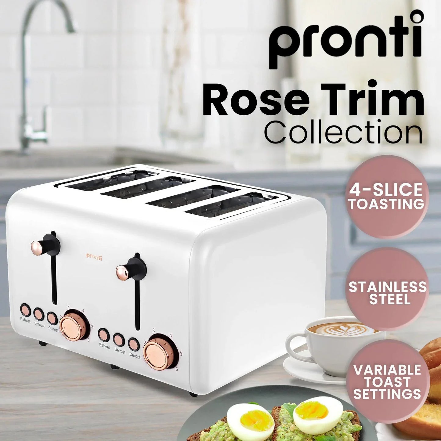Pronti 4 Slice Toaster Rose Trim Collection - White - Mekamart Australia