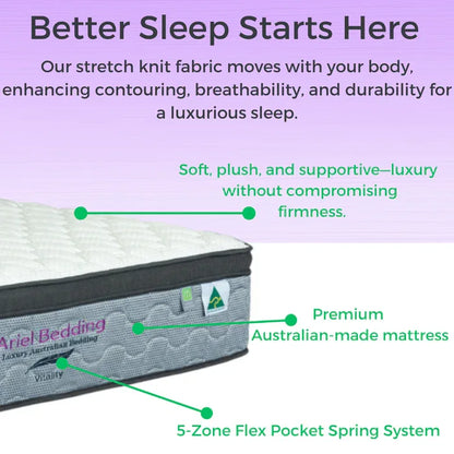 Ariel Vitality Mattress - 5 Zoned Pocket Spring Mattress - Medium/Firm - SINGLE - Mekamart Australia