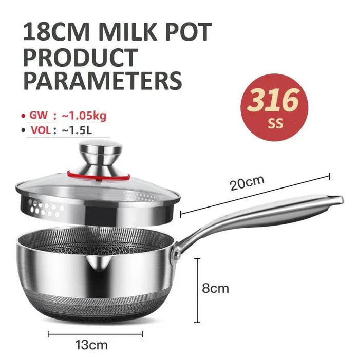 18cm 316L Stainless Steel Saucepan Compound Steel Honeycomb Nonstick Sauce Pan with Glass Lid 1.5L Pot Stay-Cool Handle Multipurpose Milk Saucepan, Induction Capable and Gas Stove - Mekamart Australia
