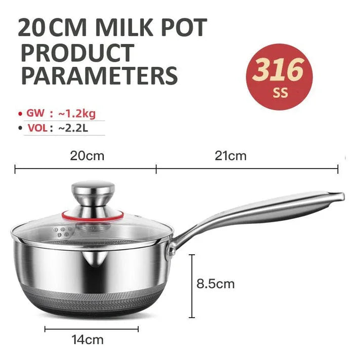 20cm 316L Stainless Steel Saucepan Compound Steel Honeycomb Nonstick Sauce Pan with Glass Lid 2.2L Pot Stay-Cool Handle Multipurpose Milk Saucepan, Induction Capable and Gas Stove - Mekamart Australia