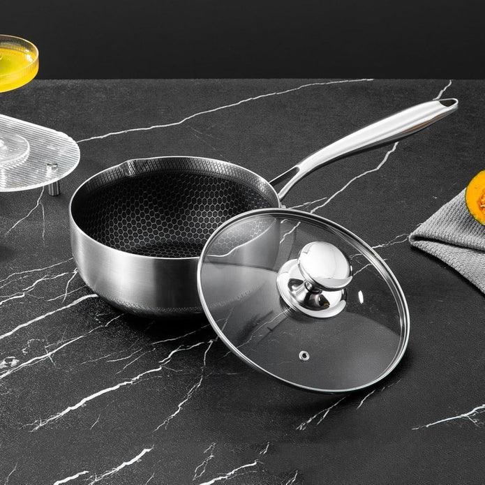 24cm 316L Stainless Steel Saucepan Compound Steel Honeycomb Nonstick Sauce Pan with Glass Lid 3.2L Pot Stay-Cool Handle Multipurpose Milk Saucepan, Induction Capable and Gas Stove - Mekamart Australia
