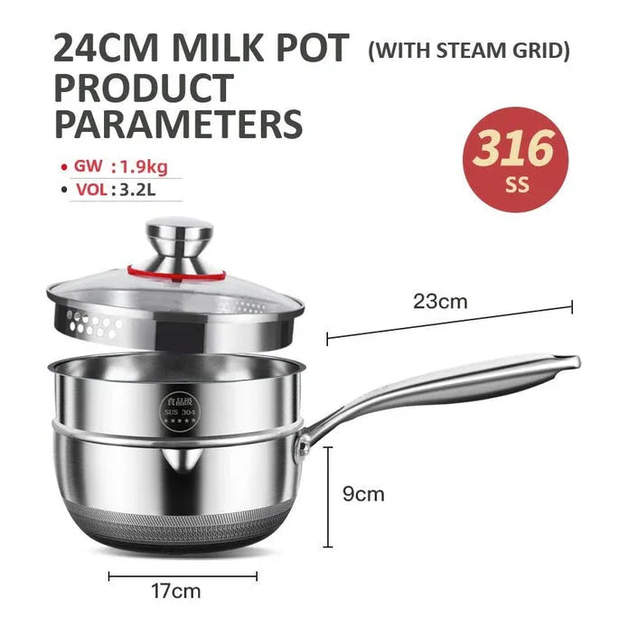 24cm 316L Stainless Steel Saucepan Compound Steel Honeycomb Nonstick Sauce Pan with Glass Lid 3.2L Pot Stay-Cool Handle Multipurpose Milk Saucepan, Induction Capable and Gas Stove - Mekamart Australia