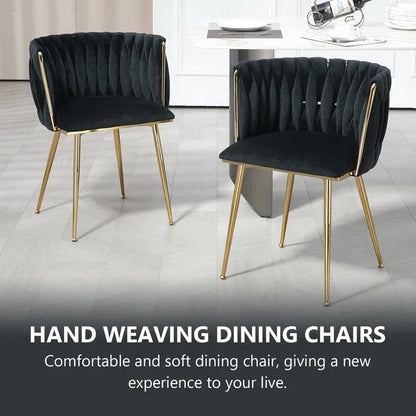 SERENITà Black Modern Hand Weaving Dining Chairs,Velvet Upholstered Side Chairs with Gold Legs, Chic Vanity Chairs with Armrest, Accent Chair for Dining Room, and Cafe Set of 2 - Mekamart Australia