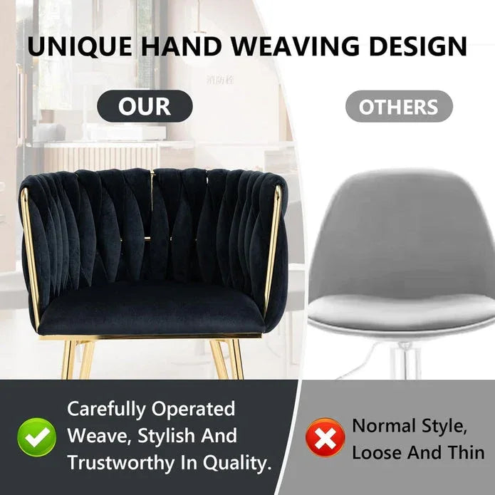 SERENITà Black Modern Hand Weaving Dining Chairs,Velvet Upholstered Side Chairs with Gold Legs, Chic Vanity Chairs with Armrest, Accent Chair for Dining Room, and Cafe Set of 2 - Mekamart Australia