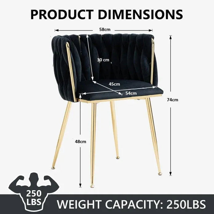 SERENITà Black Modern Hand Weaving Dining Chairs,Velvet Upholstered Side Chairs with Gold Legs, Chic Vanity Chairs with Armrest, Accent Chair for Dining Room, and Cafe Set of 2 - Mekamart Australia