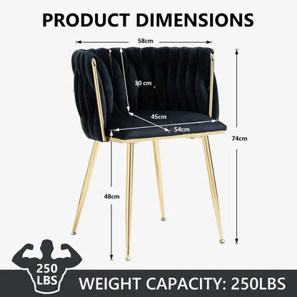 SERENITà Black Modern Hand Weaving Dining Chairs,Velvet Upholstered Side Chairs with Gold Legs, Chic Vanity Chairs with Armrest, Accent Chair for Dining Room, and Cafe Set of 2 - Mekamart Australia