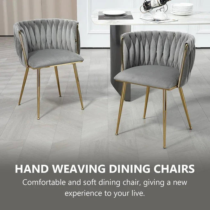 SERENITà Grey Modern Hand Weaving Dining Chairs,Velvet Upholstered Side Chairs with Gold Legs, Chic Vanity Chairs with Armrest, Accent Chair for Dining Room, and Cafe Set of 2 - Mekamart Australia
