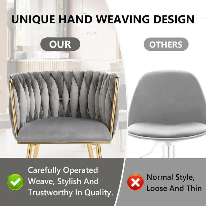 SERENITà Grey Modern Hand Weaving Dining Chairs,Velvet Upholstered Side Chairs with Gold Legs, Chic Vanity Chairs with Armrest, Accent Chair for Dining Room, and Cafe Set of 2 - Mekamart Australia