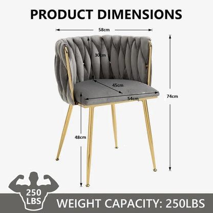 SERENITà Grey Modern Hand Weaving Dining Chairs,Velvet Upholstered Side Chairs with Gold Legs, Chic Vanity Chairs with Armrest, Accent Chair for Dining Room, and Cafe Set of 2 - Mekamart Australia