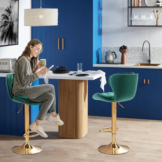 SERENITà Swivel Bar Stools Set of 2 Counter Height Barstools with Back Velvet Upholstered Adjustable Stool Chair Min Century Modern Bar Stool for Kitchen Island (Emerald Green) - Mekamart Australia