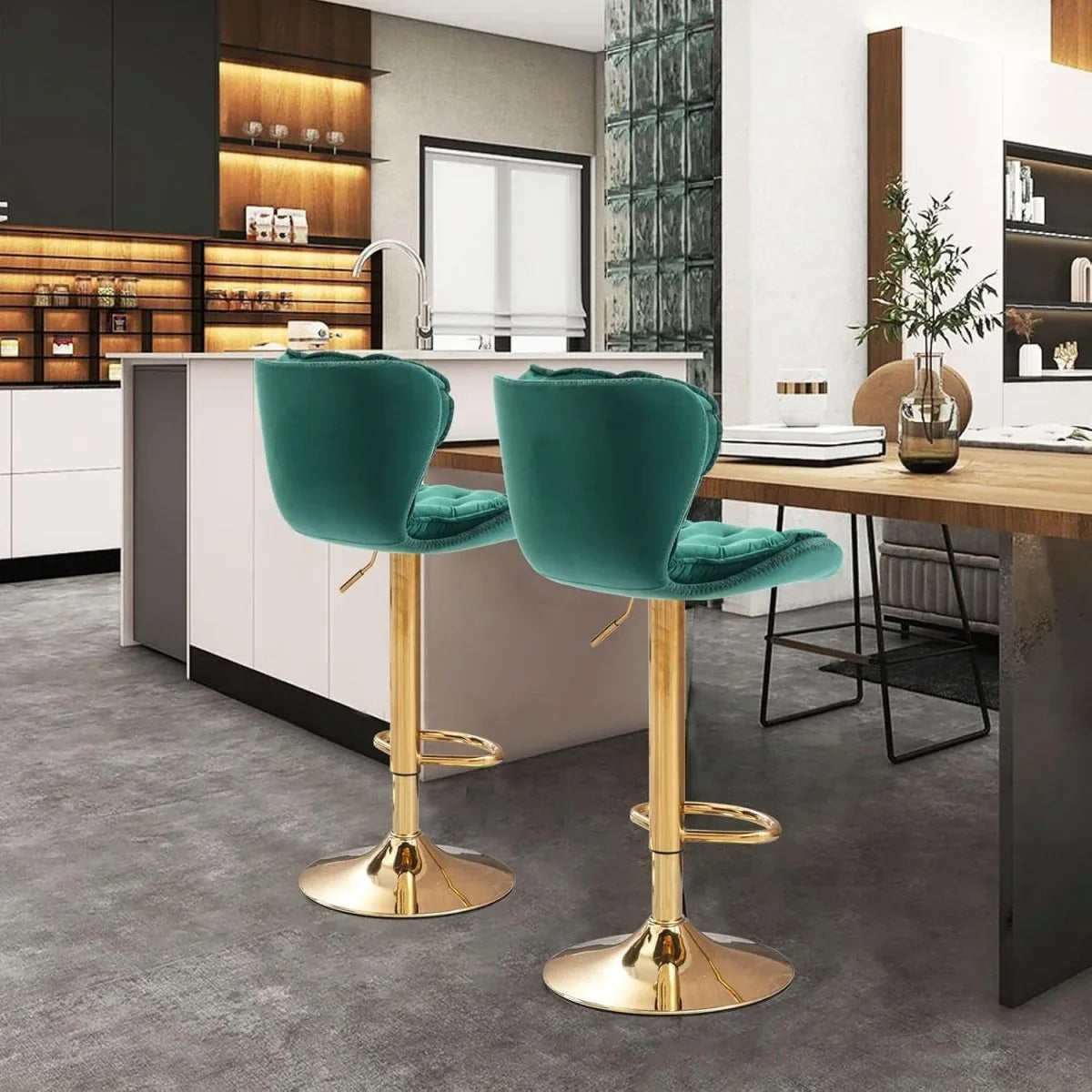 SERENITà Swivel Bar Stools Set of 2 Counter Height Barstools with Back Velvet Upholstered Adjustable Stool Chair Min Century Modern Bar Stool for Kitchen Island (Emerald Green) - Mekamart Australia