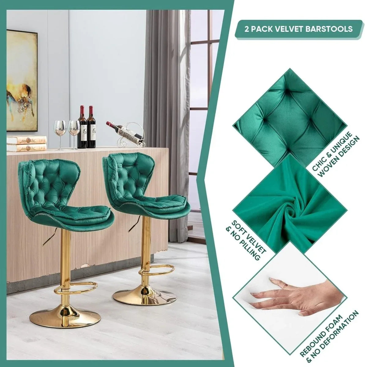 SERENITà Swivel Bar Stools Set of 2 Counter Height Barstools with Back Velvet Upholstered Adjustable Stool Chair Min Century Modern Bar Stool for Kitchen Island (Emerald Green) - Mekamart Australia