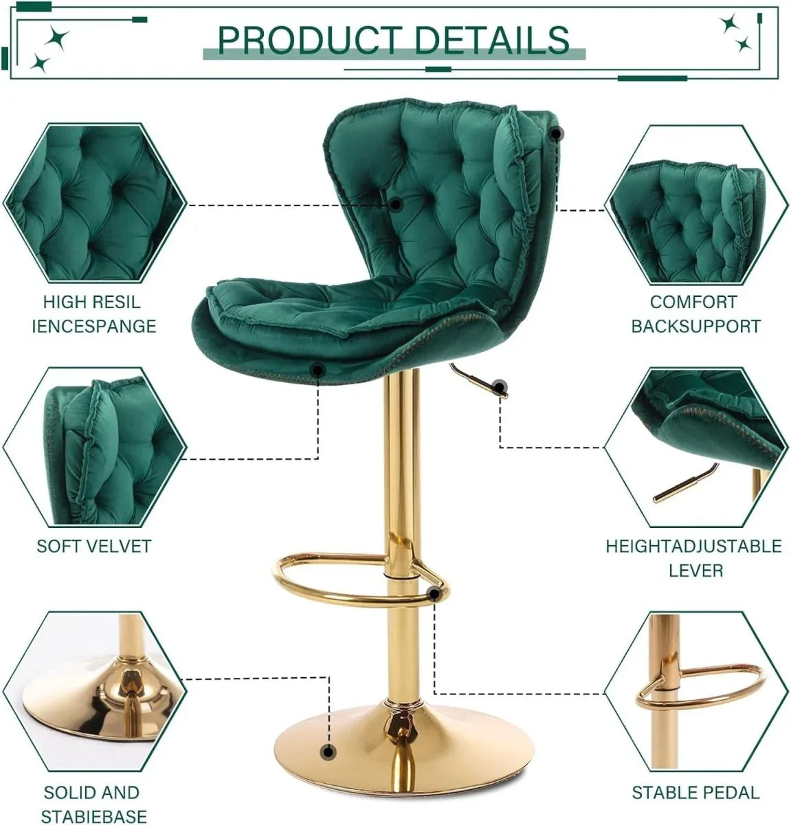 SERENITà Swivel Bar Stools Set of 2 Counter Height Barstools with Back Velvet Upholstered Adjustable Stool Chair Min Century Modern Bar Stool for Kitchen Island (Emerald Green) - Mekamart Australia