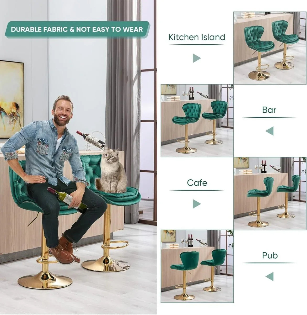SERENITà Swivel Bar Stools Set of 2 Counter Height Barstools with Back Velvet Upholstered Adjustable Stool Chair Min Century Modern Bar Stool for Kitchen Island (Emerald Green) - Mekamart Australia