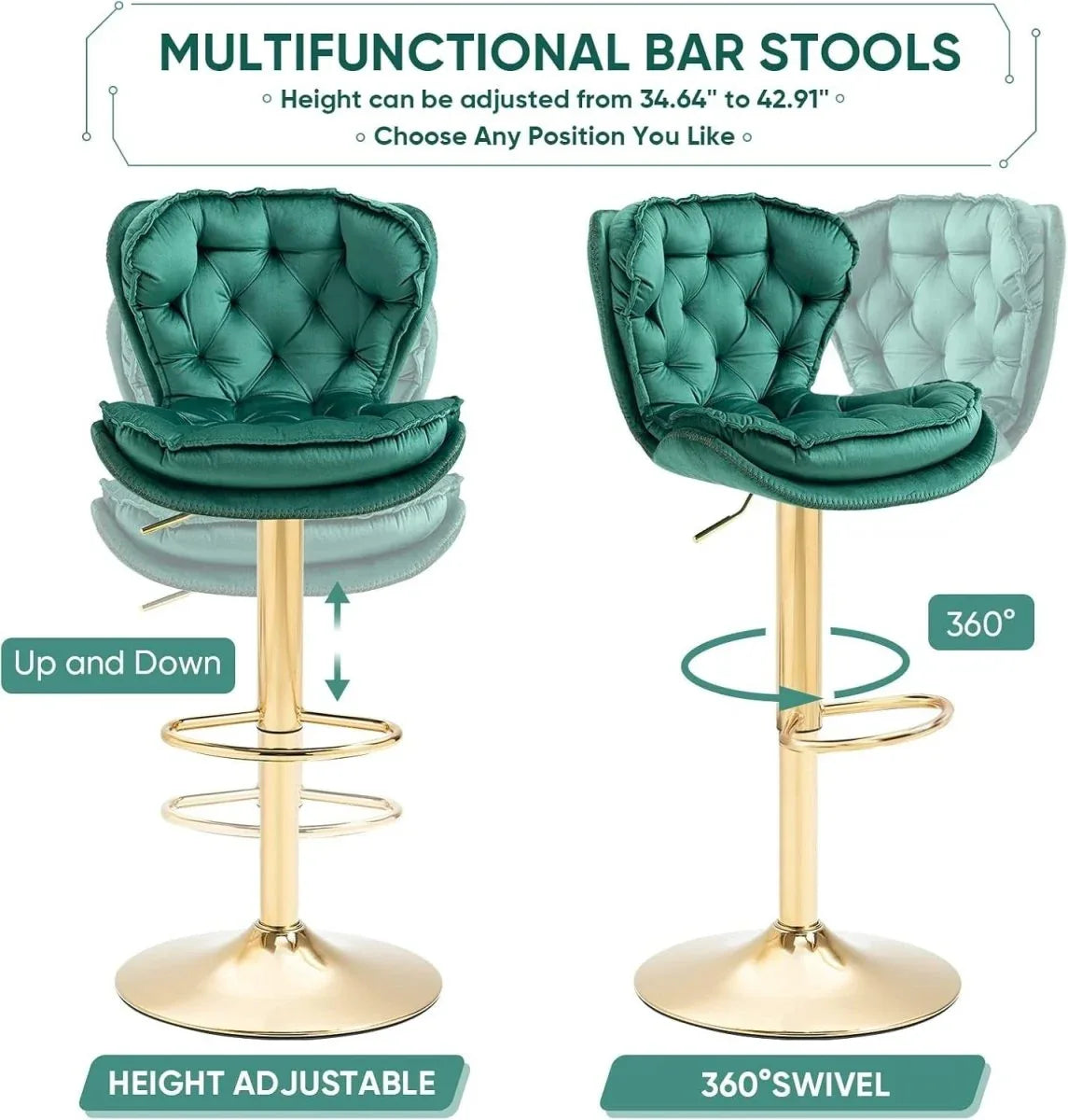 SERENITà Swivel Bar Stools Set of 2 Counter Height Barstools with Back Velvet Upholstered Adjustable Stool Chair Min Century Modern Bar Stool for Kitchen Island (Emerald Green) - Mekamart Australia