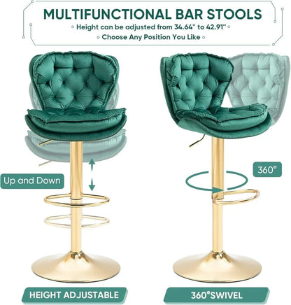 SERENITà Swivel Bar Stools Set of 2 Counter Height Barstools with Back Velvet Upholstered Adjustable Stool Chair Min Century Modern Bar Stool for Kitchen Island (Emerald Green) - Mekamart Australia