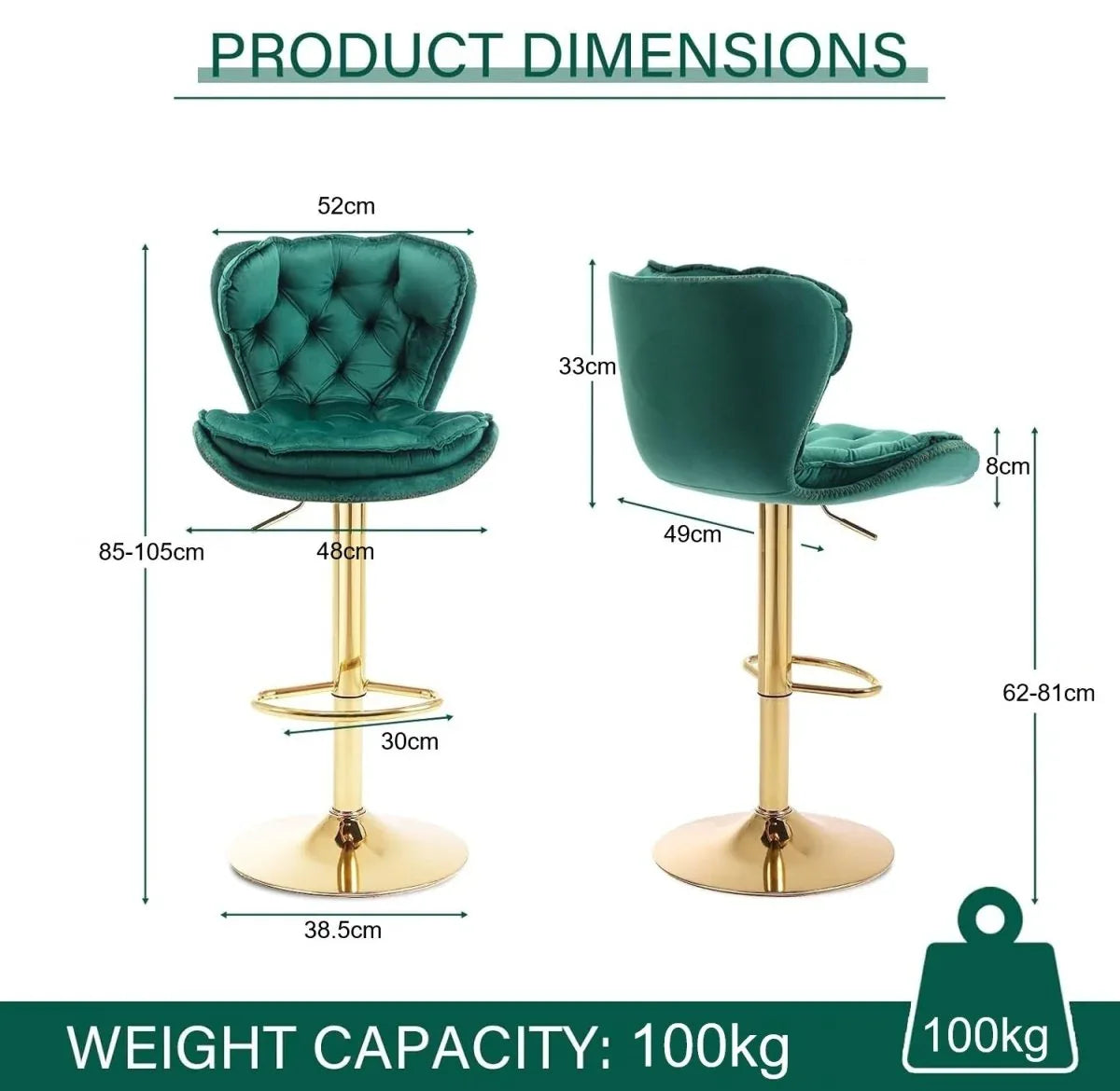 SERENITà Swivel Bar Stools Set of 2 Counter Height Barstools with Back Velvet Upholstered Adjustable Stool Chair Min Century Modern Bar Stool for Kitchen Island (Emerald Green) - Mekamart Australia