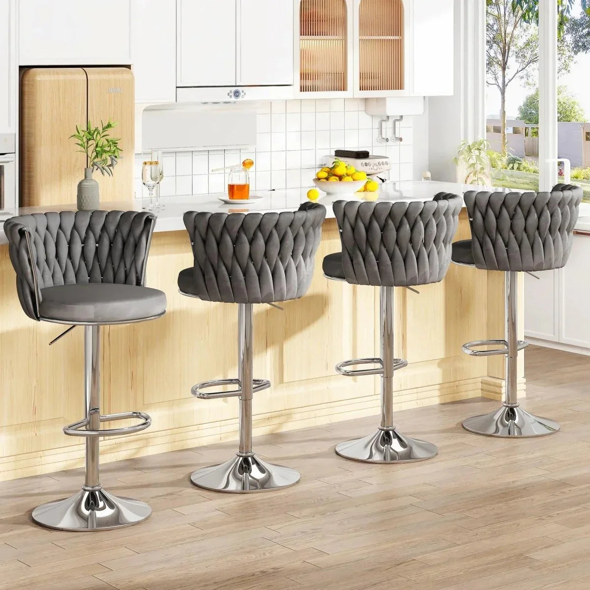 SERENITà Modern Silver Swivel Upholstered Velvet Adjustable Height Counter Stool with Metal Frame Grey (Set of 2) - Mekamart Australia