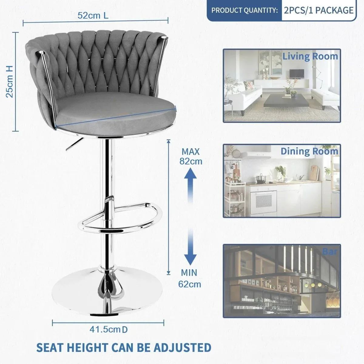 SERENITà Modern Silver Swivel Upholstered Velvet Adjustable Height Counter Stool with Metal Frame Grey (Set of 2) - Mekamart Australia