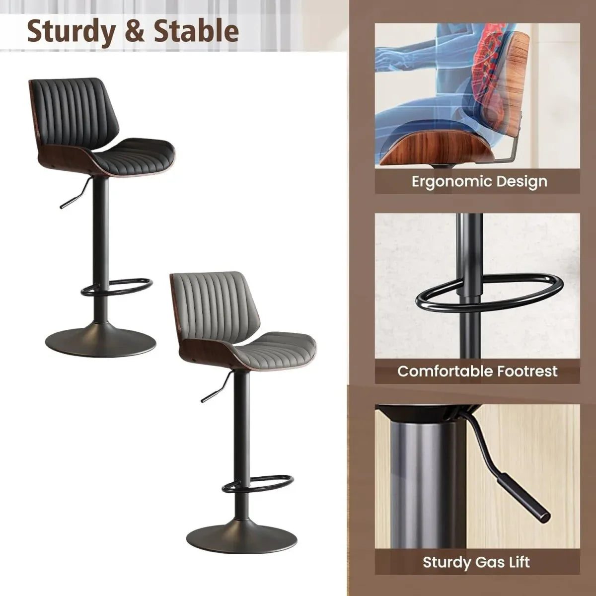 SERENITà European Wooden Modern Bar Stools Bistro Stool with Rotating and Aerodynamic Multi-levelled (Grey) - Mekamart Australia