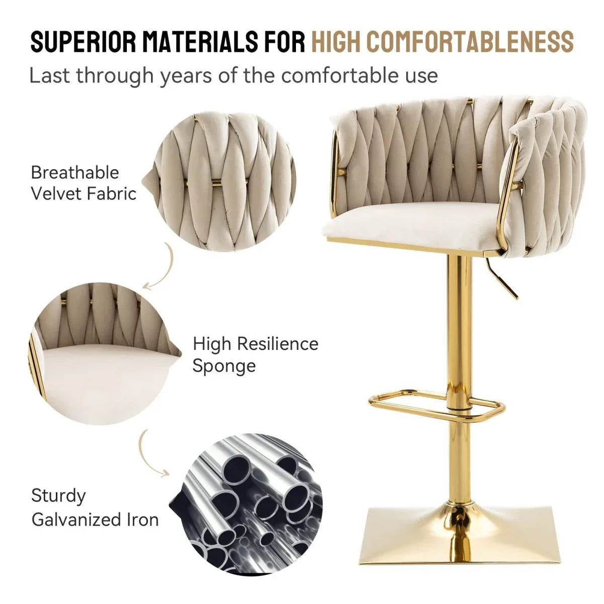 SERENITà Modern Velvet Breakfast Bar Stools Swivel Barstools Adjustable Counter Stools with Backrest Set of 2 iVORY - Mekamart Australia
