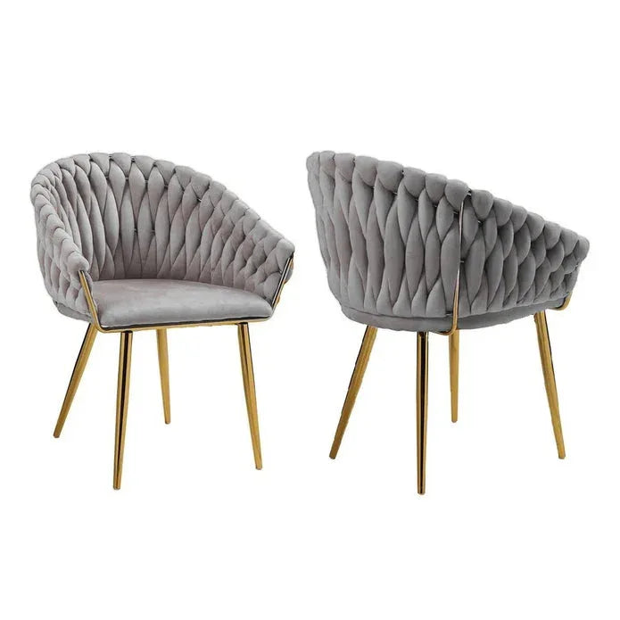 SERENITà Grey Modern Velvet Dining Chairs, Upholstered Living Room Chair with Woven Back and Golden Metal Legs, Mid-Century Accent Set of 2(Grey) - Mekamart Australia