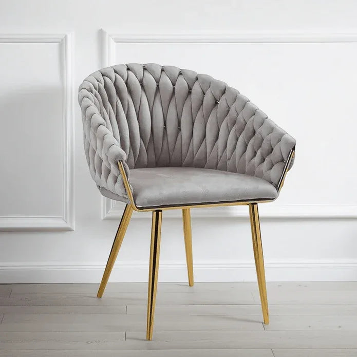 SERENITà Grey Modern Velvet Dining Chairs, Upholstered Living Room Chair with Woven Back and Golden Metal Legs, Mid-Century Accent Set of 2(Grey) - Mekamart Australia