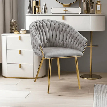 SERENITà Grey Modern Velvet Dining Chairs, Upholstered Living Room Chair with Woven Back and Golden Metal Legs, Mid-Century Accent Set of 2(Grey) - Mekamart Australia