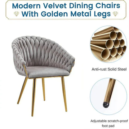 SERENITà Grey Modern Velvet Dining Chairs, Upholstered Living Room Chair with Woven Back and Golden Metal Legs, Mid-Century Accent Set of 2(Grey) - Mekamart Australia