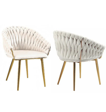 SERENITà Ivory Modern Velvet Dining Chairs, Upholstered Living Room Chair with Woven Back and Golden Metal Legs, Mid-Century Accent Set of 2(Ivory) - Mekamart Australia
