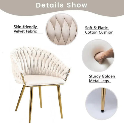 SERENITà Ivory Modern Velvet Dining Chairs, Upholstered Living Room Chair with Woven Back and Golden Metal Legs, Mid-Century Accent Set of 2(Ivory) - Mekamart Australia
