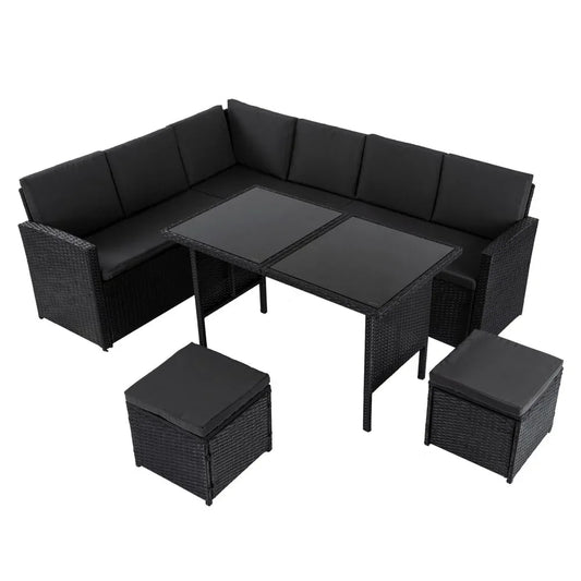 Ella 8-Seater Modular Outdoor Garden Lounge and Dining Set with Table and Stools in Black - Mekamart Australia