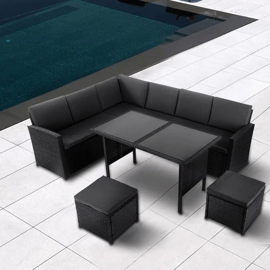 Ella 8-Seater Modular Outdoor Garden Lounge and Dining Set with Table and Stools in Black - Mekamart Australia