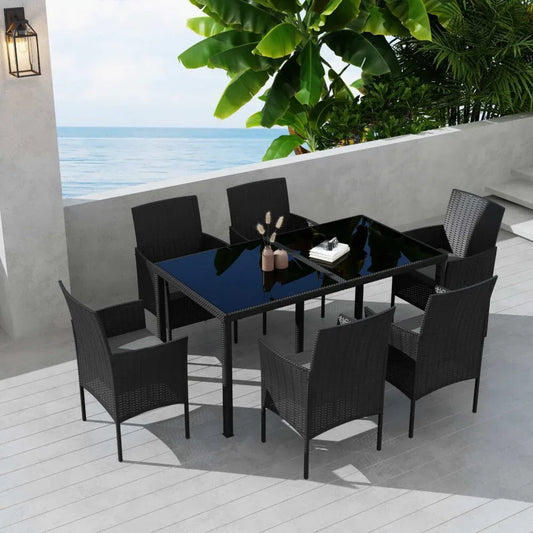 Outdoor Minimalist Black Wicker 6-Seater Dining Set - Mekamart Australia