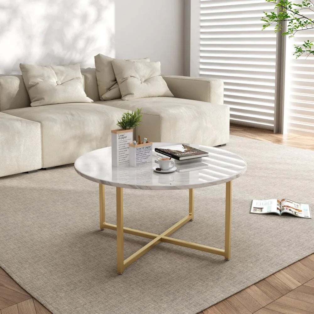 White Marble Effect Round Coffee Table with Gold Legs - Mekamart Australia