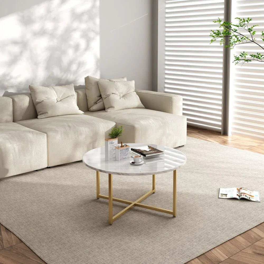 White Marble Effect Round Coffee Table with Gold Legs - Mekamart Australia
