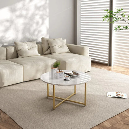 White Marble Effect Round Coffee Table with Gold Legs - Mekamart Australia