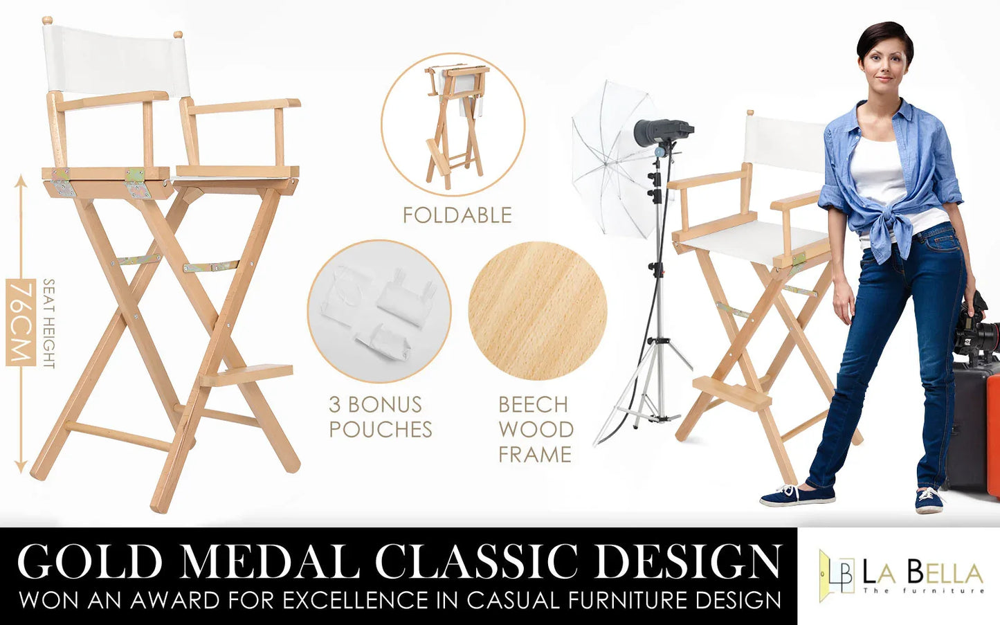 2X Director Movie Folding Tall Chair 76cm Beech WOOD HUMOR - Mekamart Australia