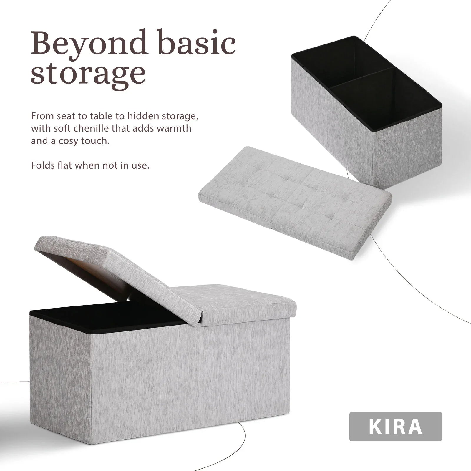 Foldable Storage Ottoman - Flip Lid Side Table Toy Blanket Organiser Seat KIRA GREY - Mekamart Australia