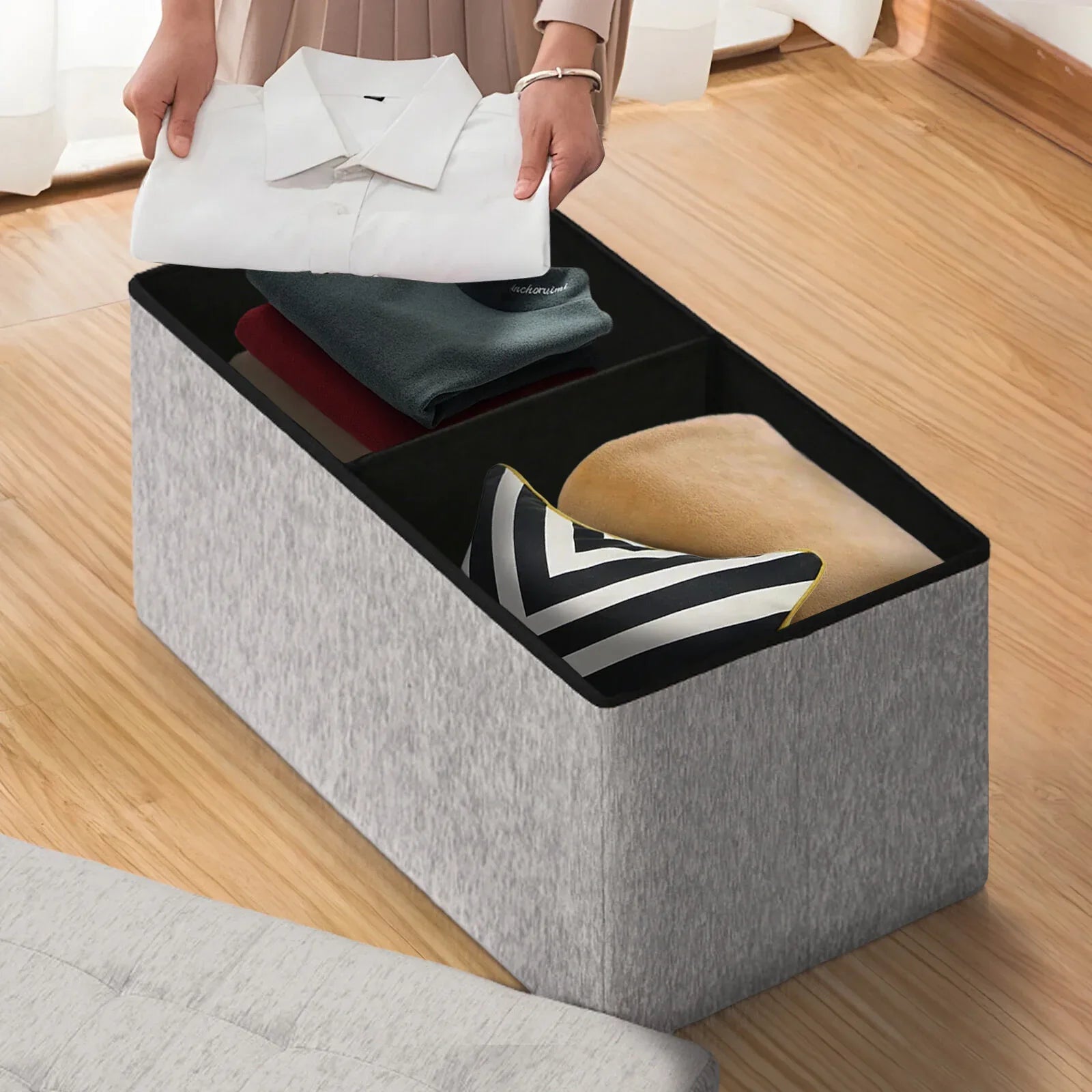 Foldable Storage Ottoman - Flip Lid Side Table Toy Blanket Organiser Seat KIRA GREY - Mekamart Australia