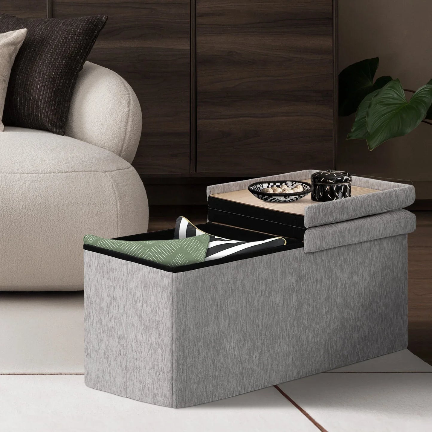 Foldable Storage Ottoman - Flip Lid Side Table Toy Blanket Organiser Seat KIRA GREY - Mekamart Australia
