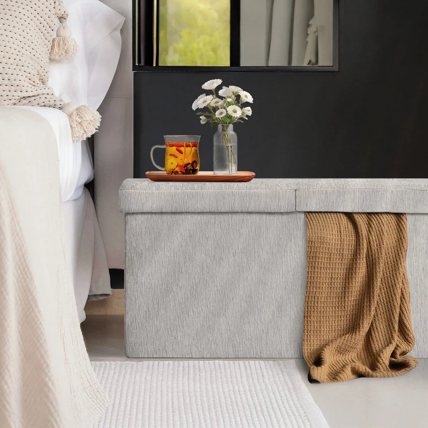 Foldable Storage Ottoman - Flip Lid Side Table Toy Blanket Organiser Seat KIRA GREY - Mekamart Australia