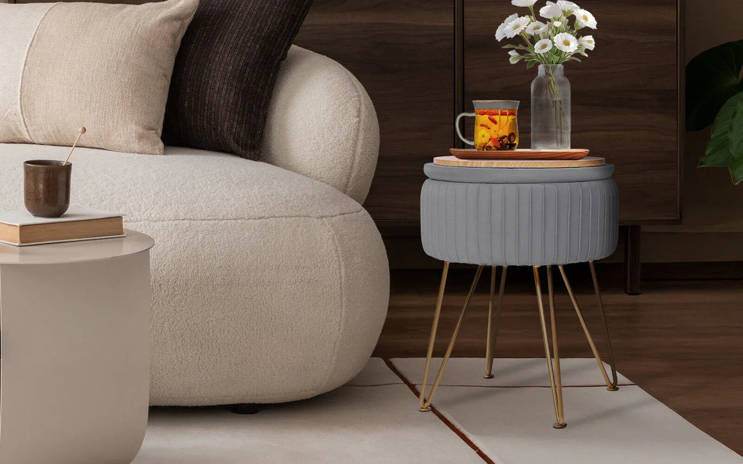 Side Table Storage Ottoman - Velvet Padded Stool Vanity Footstool REMY GREY - Mekamart Australia