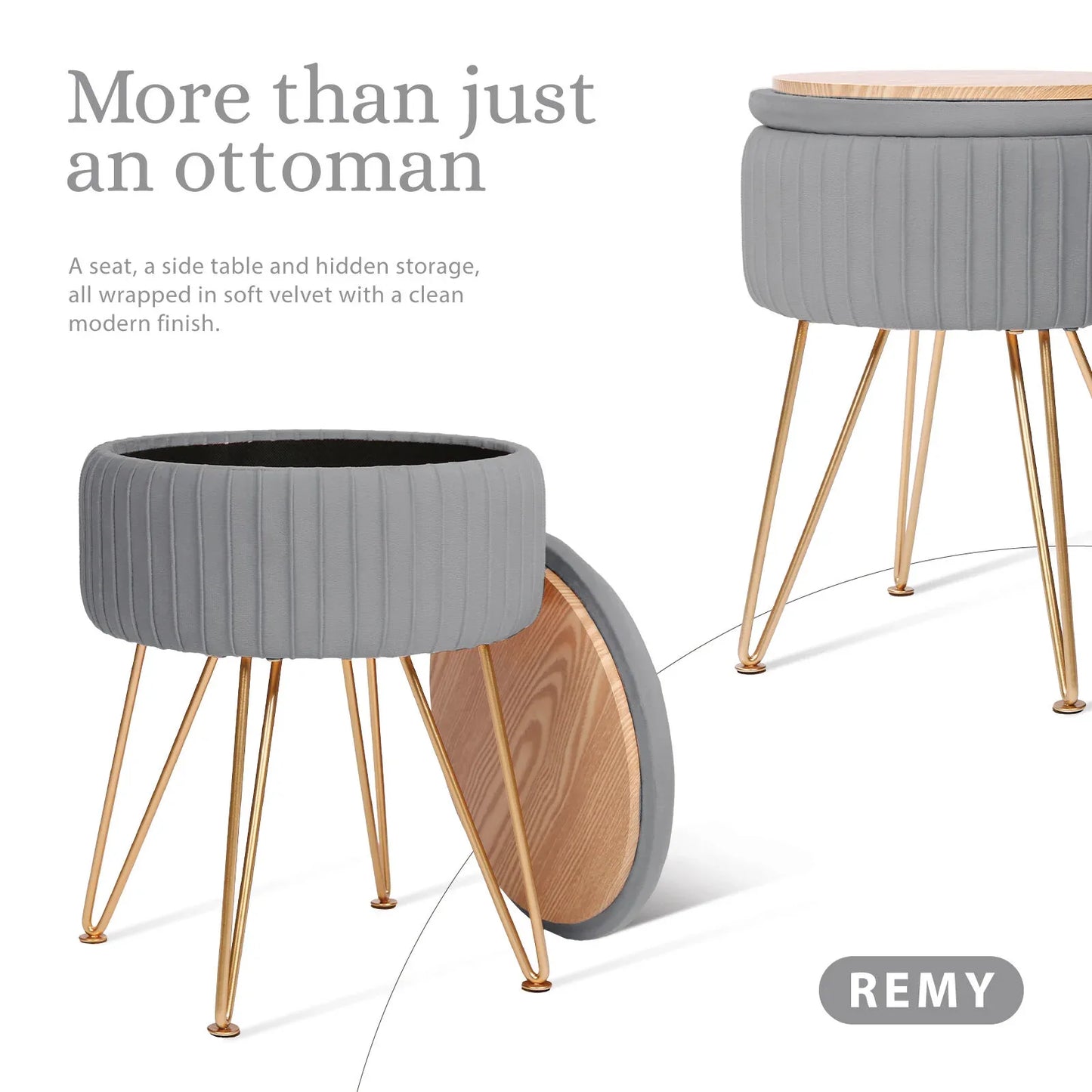 Side Table Storage Ottoman - Velvet Padded Stool Vanity Footstool REMY GREY - Mekamart Australia